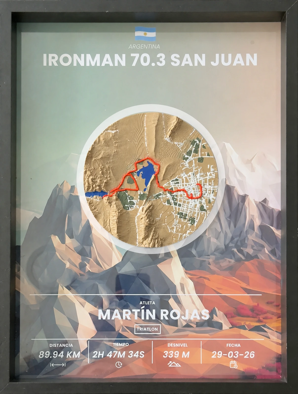Fotografía real del recuerdo Ironman 70.3 San Juan en marco negro