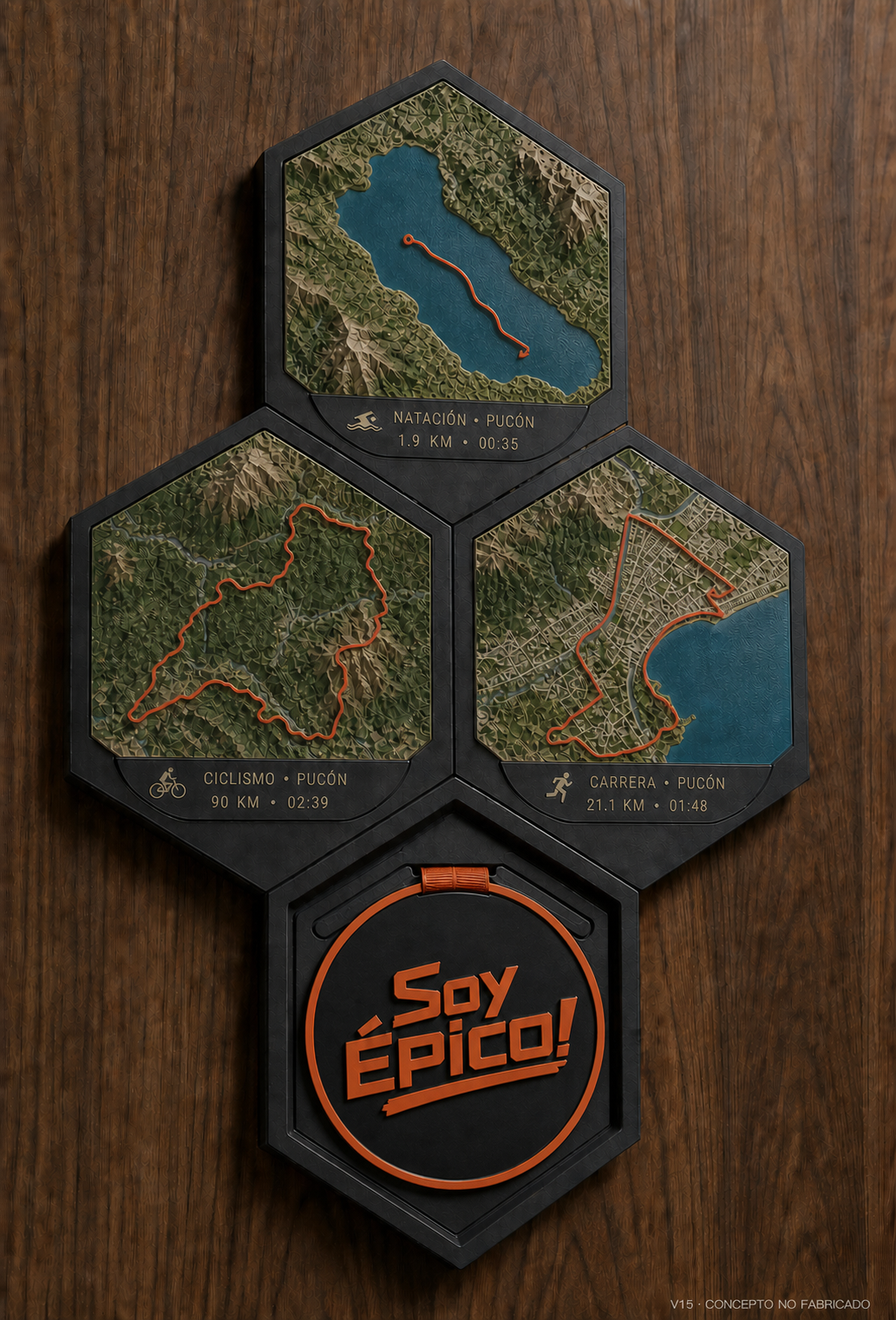 Render de una colección SoyÉpico con tres recorridos y una medalla SoyÉpico